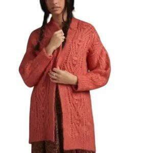 by Anthropologie Nuria Chunky Cable Knit Long Dark Pink Cardigan, Size Small